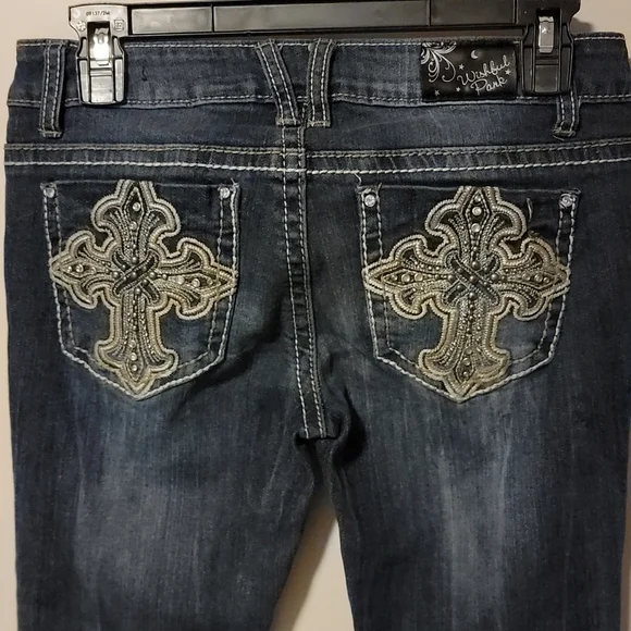 Wishful Park distressed dark washed skinny denim jeans Low rise fit Size 7 - Picture 4 of 7